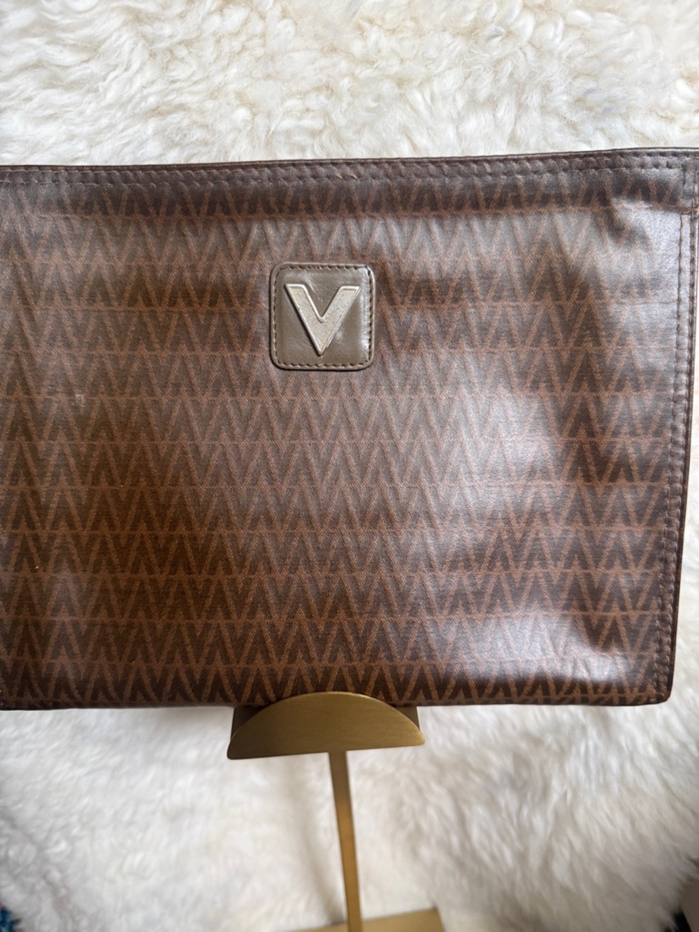 Mario Valentino Brown Patterned Cosmetic Pouch with V Emblem
